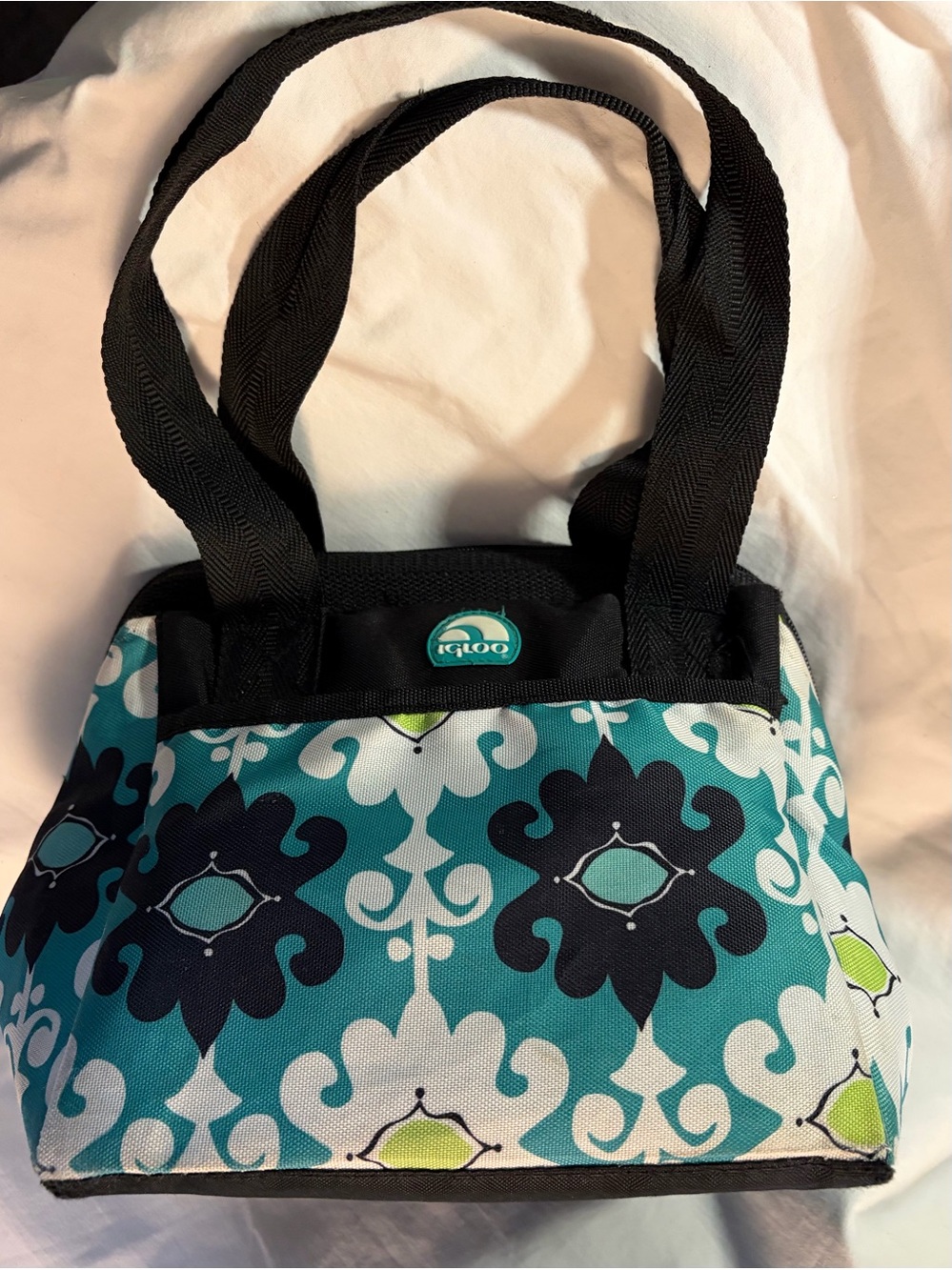 Igloo Teal and Black Patterned Insulated lunch container.